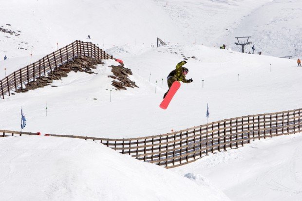 "Snowboarder jumping in Prodolano, Granada"