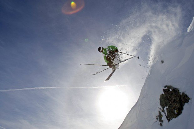 "Jumbing with skis over Alpine Meadows"