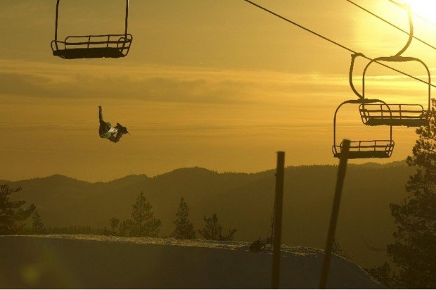 "Snowboarding when the sun comes down at the magnificent Boreal Mountain terrain"