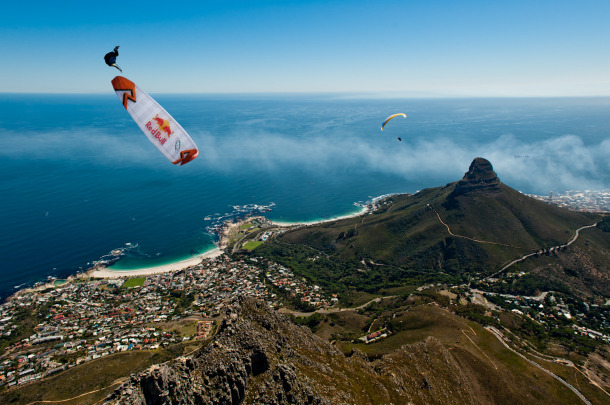 Red Bull Paragliders Horacio Llorens in foreground, Thomas de Dorlodot in background - Lions Head, Cape Town (c) John Stapels