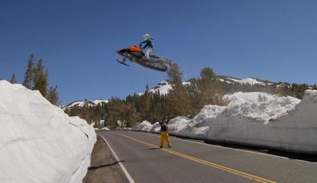 "Sonora Pass Snowmobiler Insane Jump"