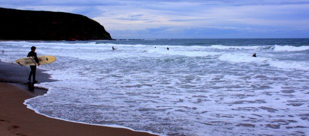 "Surfers at Pease Bay, Cockburnspath"