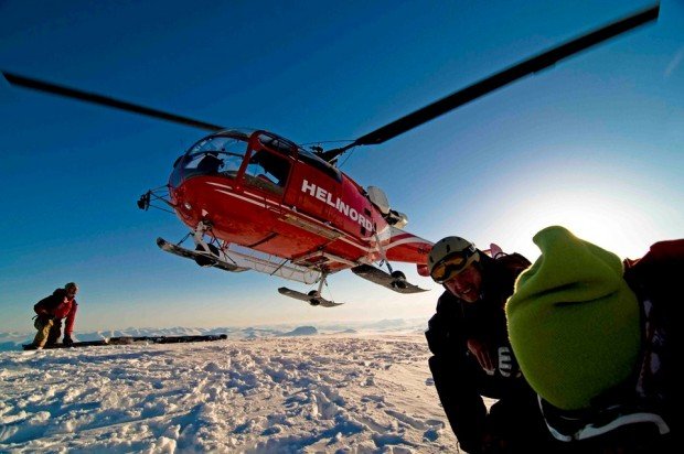 "Bjorkliden skiing from air"