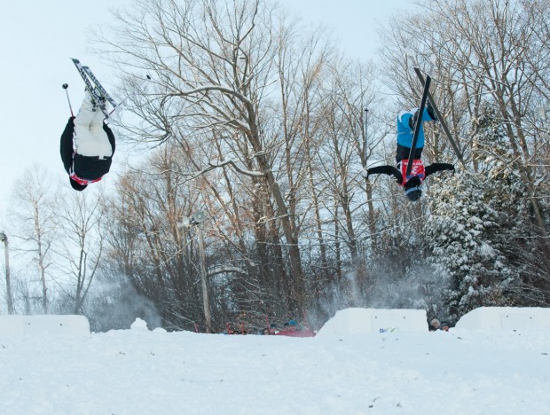 "Ski Mont Gabriel Alpine Skiers jumping"