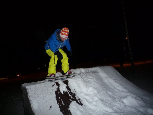 "Snowskating on a ramp"