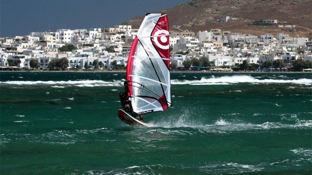 "Windsurfing at Agios Georgios Bay"