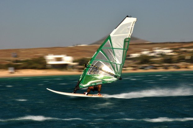 "Windsurfing at Chrisi Akti Beach"