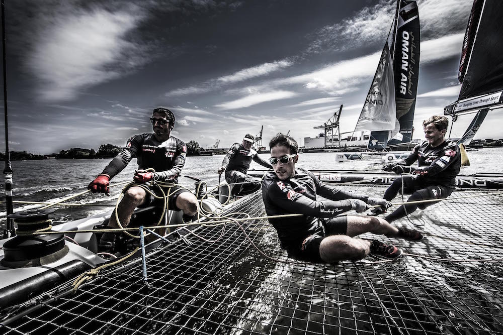 2015 Extreme Sailing Series - Act 5 - Hamburg. Team Turx skippered by Edhem Dirvana (TUR) and Mitch Booth (AUS) and crewed by Selim Kakis (TUR), Diogo Cayolla (POR) and Pedro Andrade (POR). Credit Jesus Renado.
