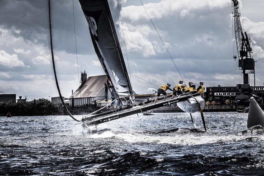 2015 Extreme Sailing Series - Act 5 - Hamburg. SAP Extreme Sailing Team skippered by Jes Gram-Hansen (DEN) and Rasmus Køstner (DEN) and crewed by Mads Emil Stephensen (DEN), Herve Cunningham (FRA) and Nicholai Sehested (DEN). Credit Jesus Renedo.